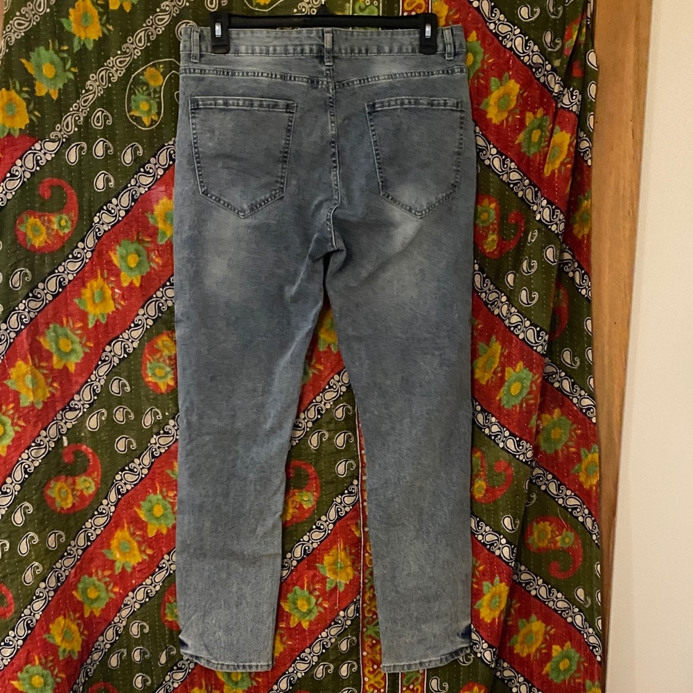 Men's Distressed Patchwork Skinny Jeans - Blue - Picture 3 of 4